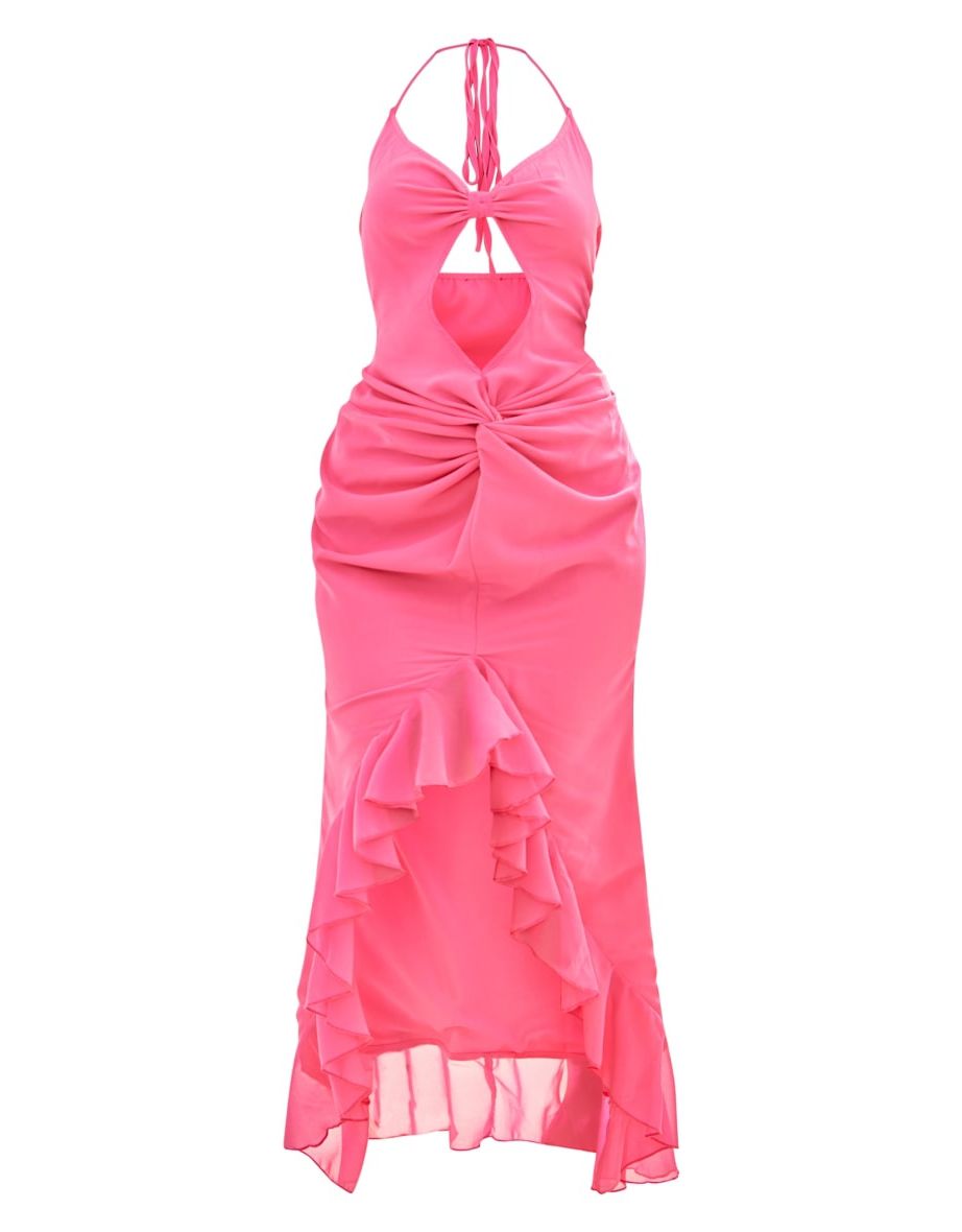 Hot Pink Chiffon Frill Knot Midaxi Dress - 4