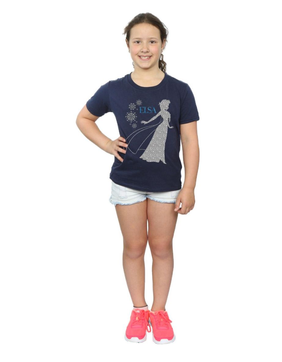 Disney Girls Frozen Elsa Christmas Silhouette Cotton T-Shirt - Navy Blue