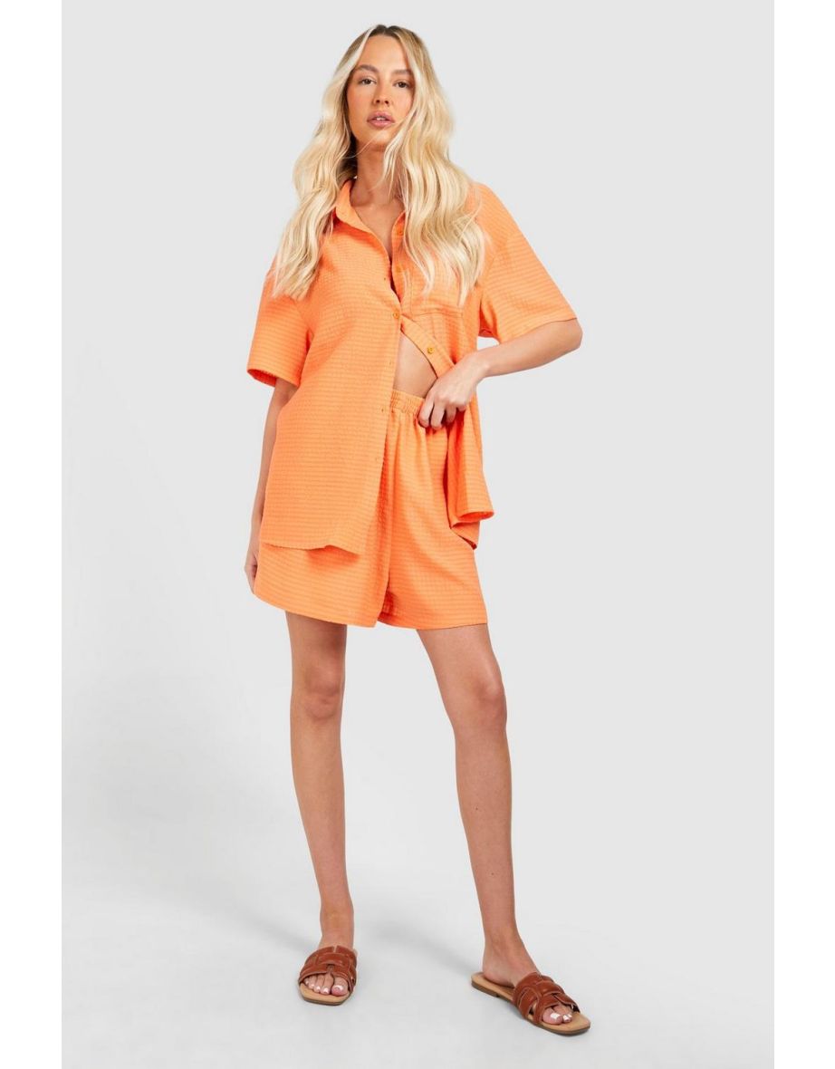 Tall Woven Textured Shirt & Short Set - orange