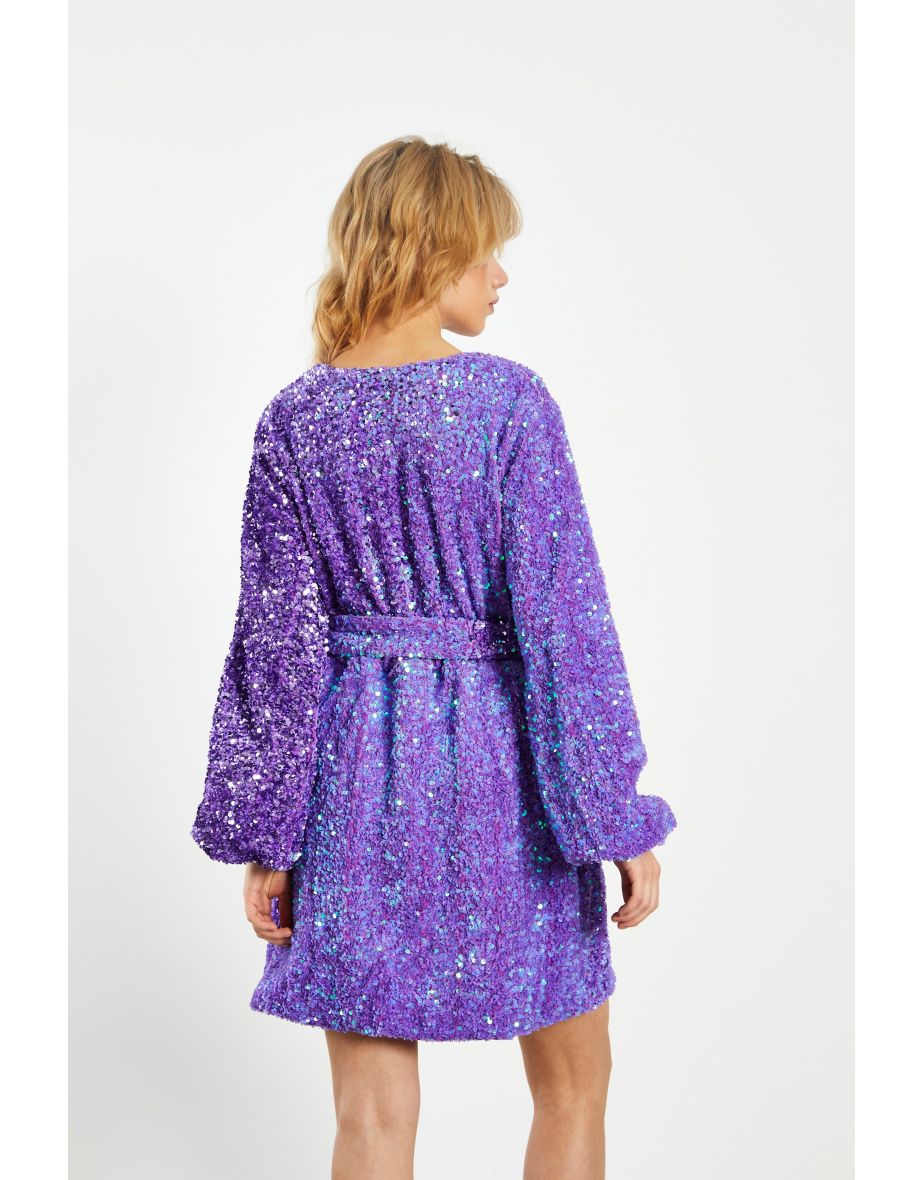 Glamorous Purple Sequin Tie Waist Wrap Mini Dress - 3