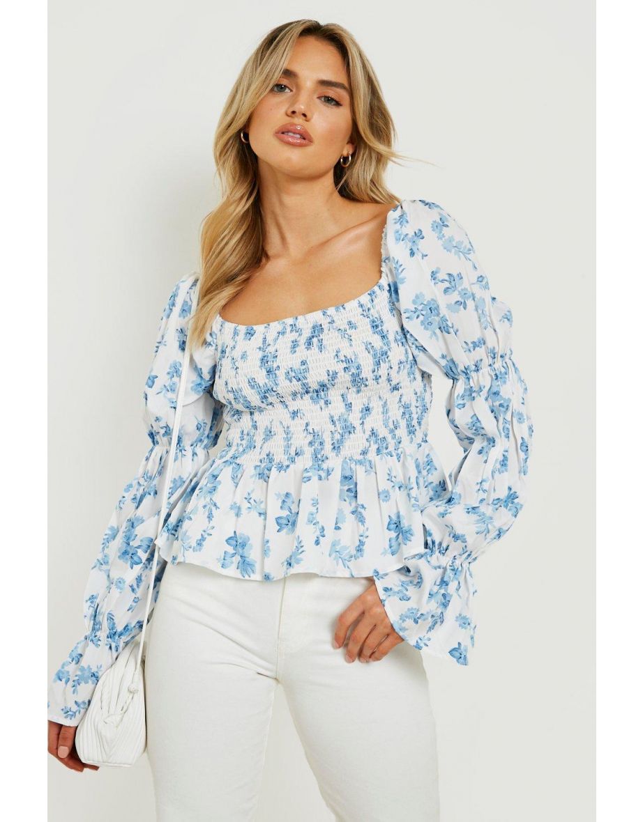 Shirred Detail Puff Long Sleeve Top - white