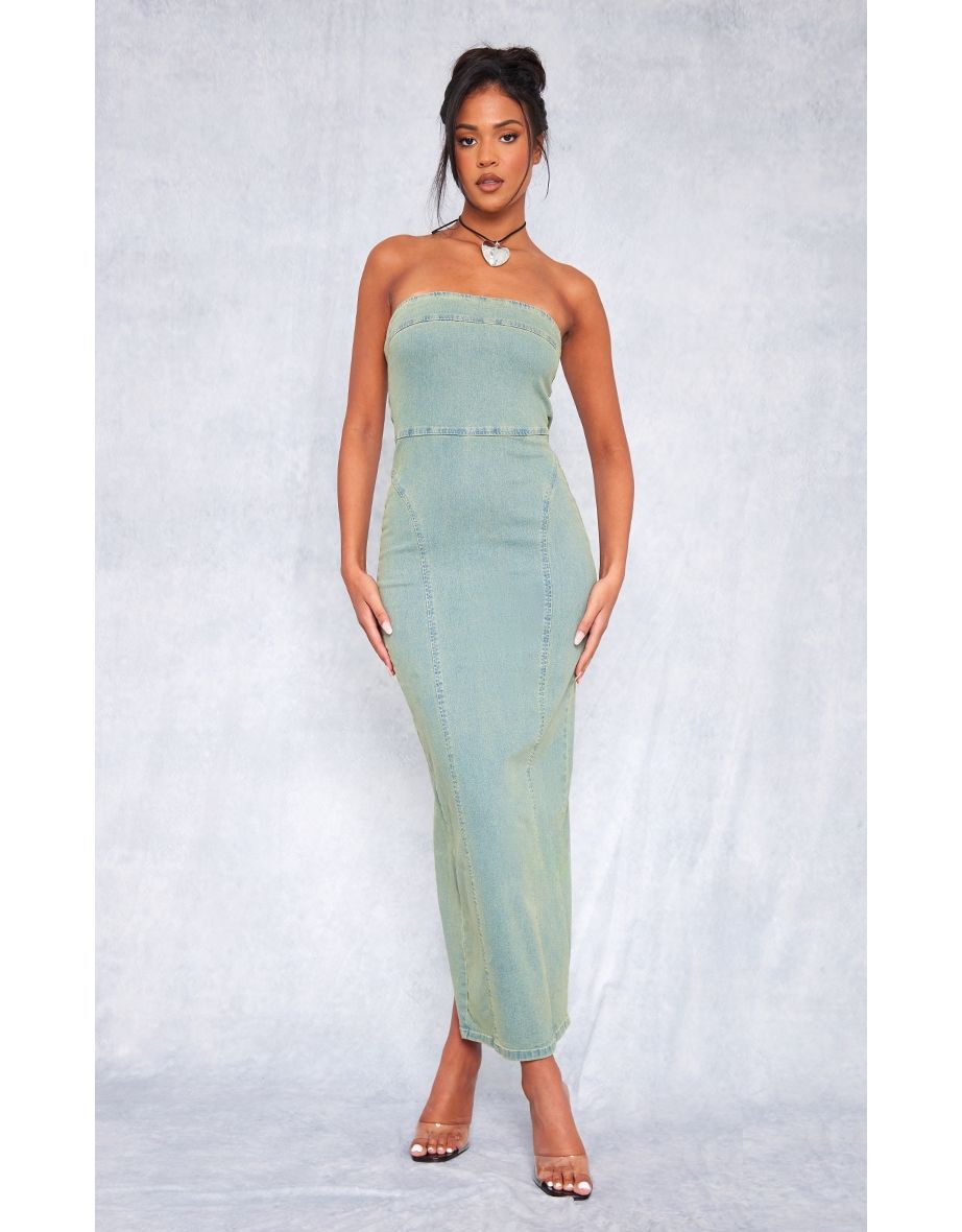 Tall Vintage Wash Bandeau Strech Denim Midaxi Dress