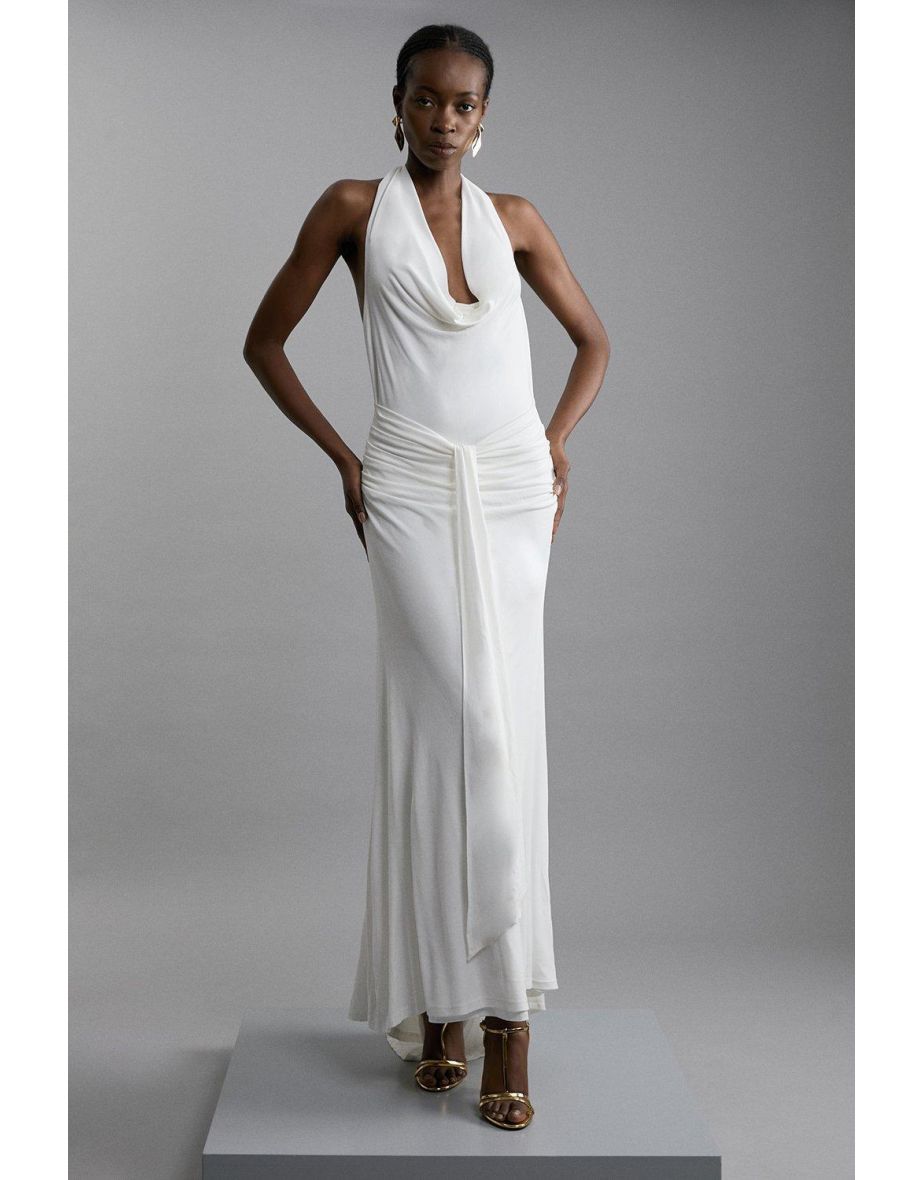 Premium Viscose Jersey Crepe Cowl Neck Maxi Dress
