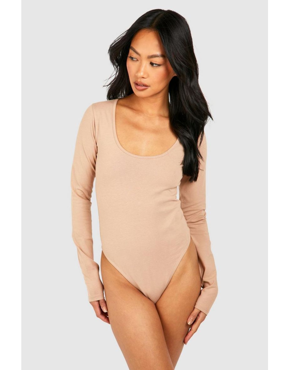 Basic Cotton Extreme Scoop Neck Long Sleeve Bodysuit - camel - 3