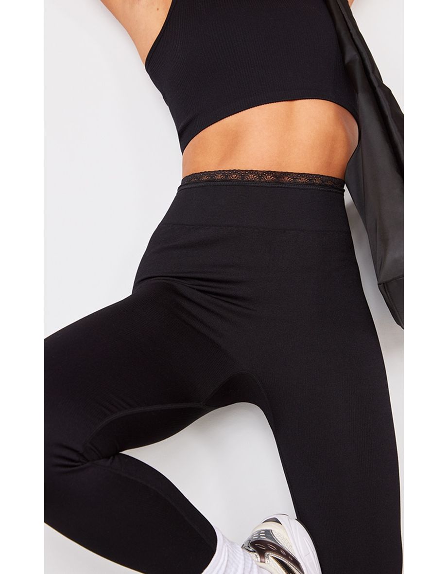 Black Seamless Lace Trim Contour Legging - 3