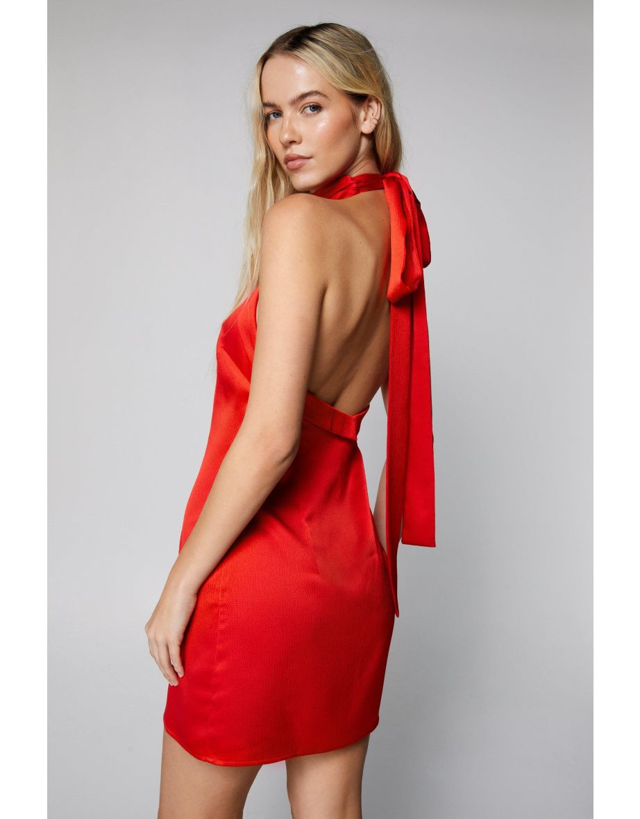 Petite Halter Tie Detail Textured Satin Slip Dress - 3