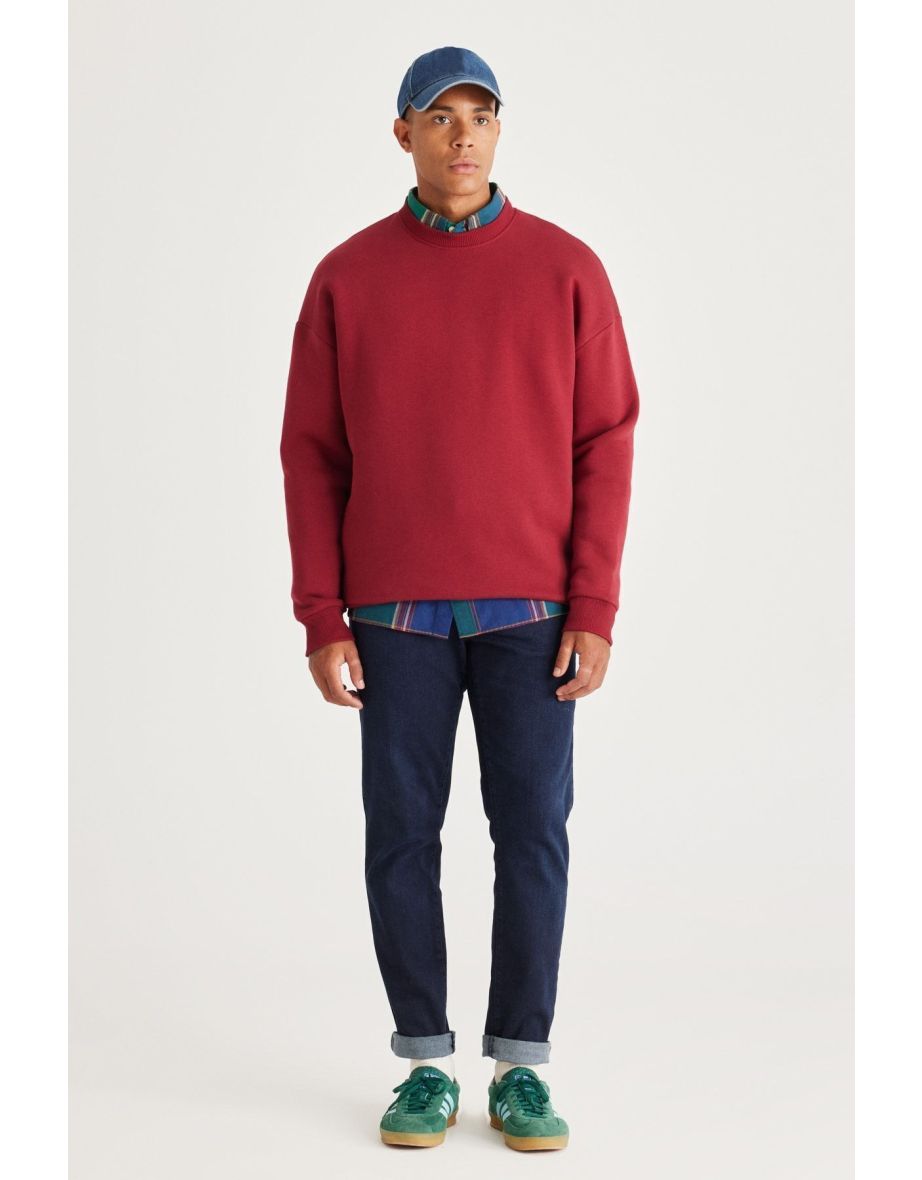 Men's Claret Red Oversize Loose Fit Fleece Inside 3 Threads Crew Neck Cotton Sweatshirt.