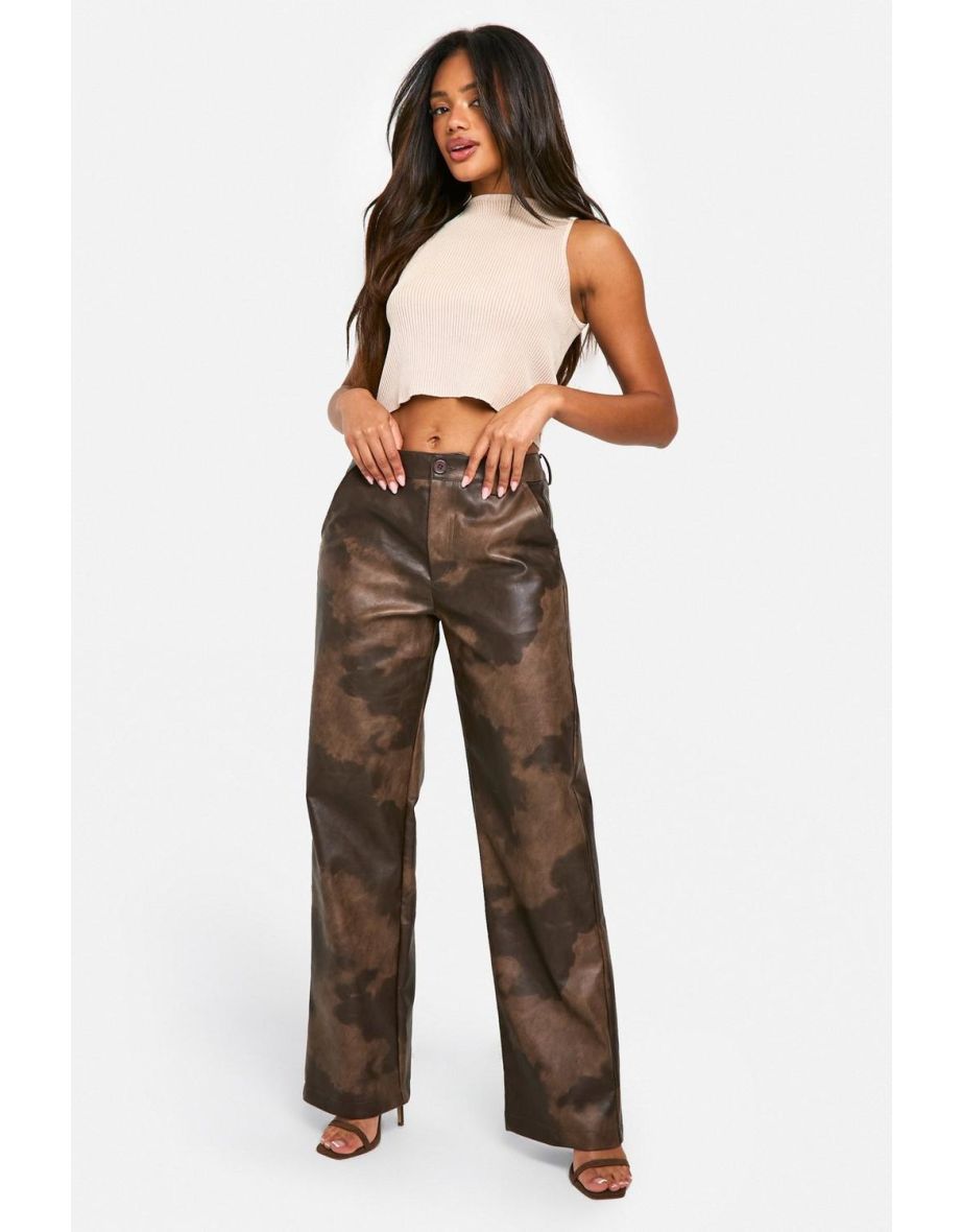 High Waisted Washed Pu Straight Leg Trouser