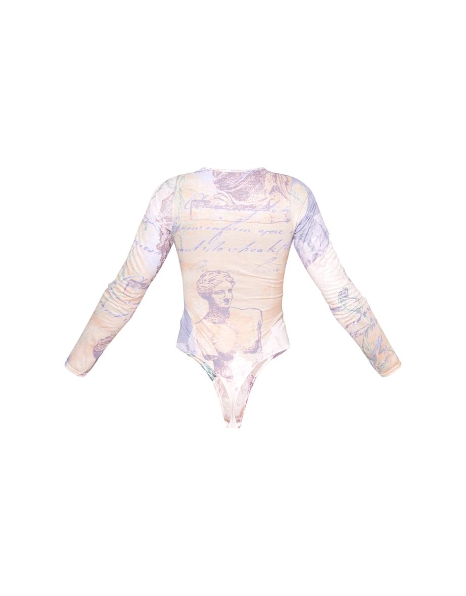 Stone Abstract Face Print Basic Crew Neck Long Sleeve Bodysuit - 5