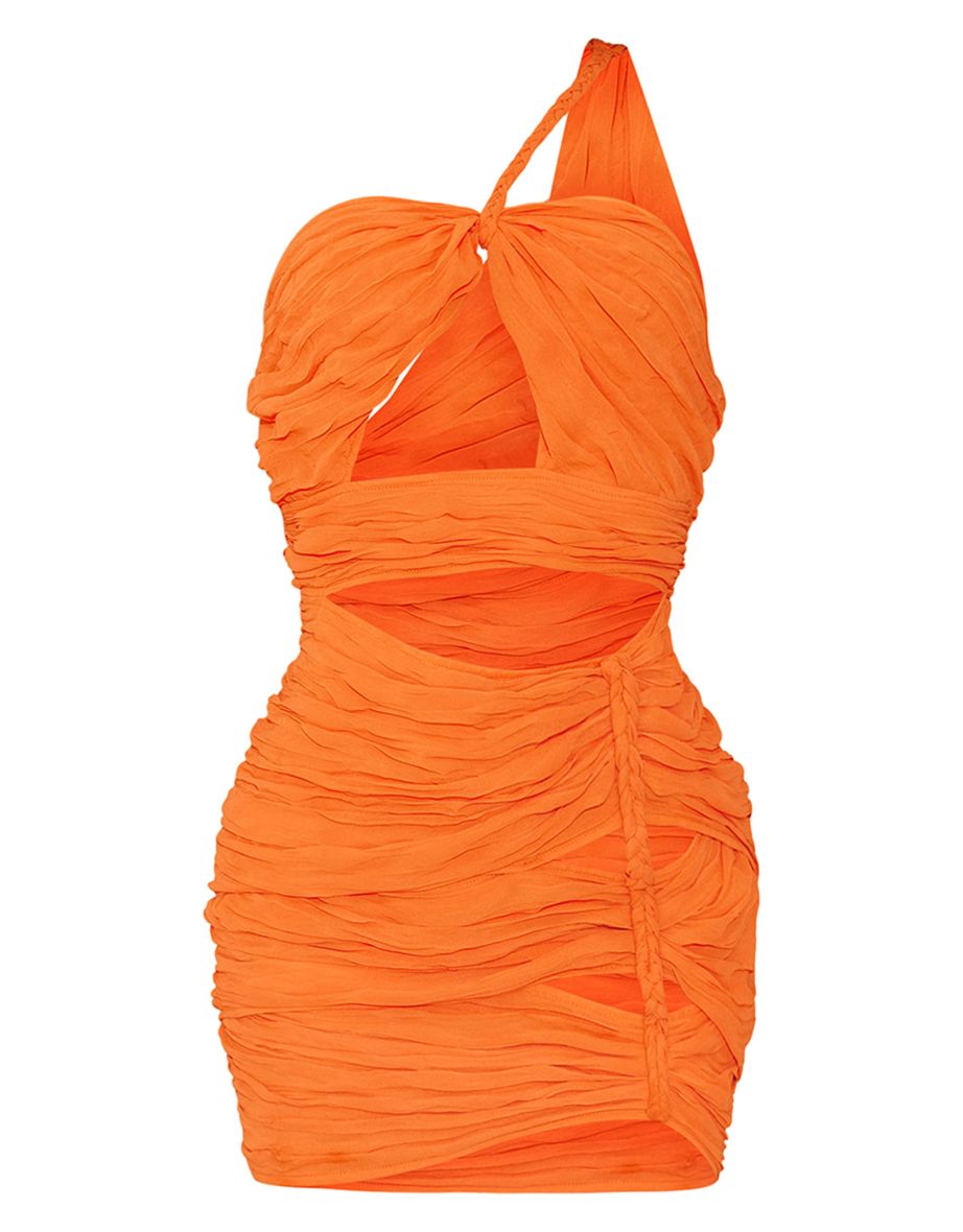 Bright Orange Chiffon Cut Out Plait Detail One Shoulder Bodycon Dress - 4