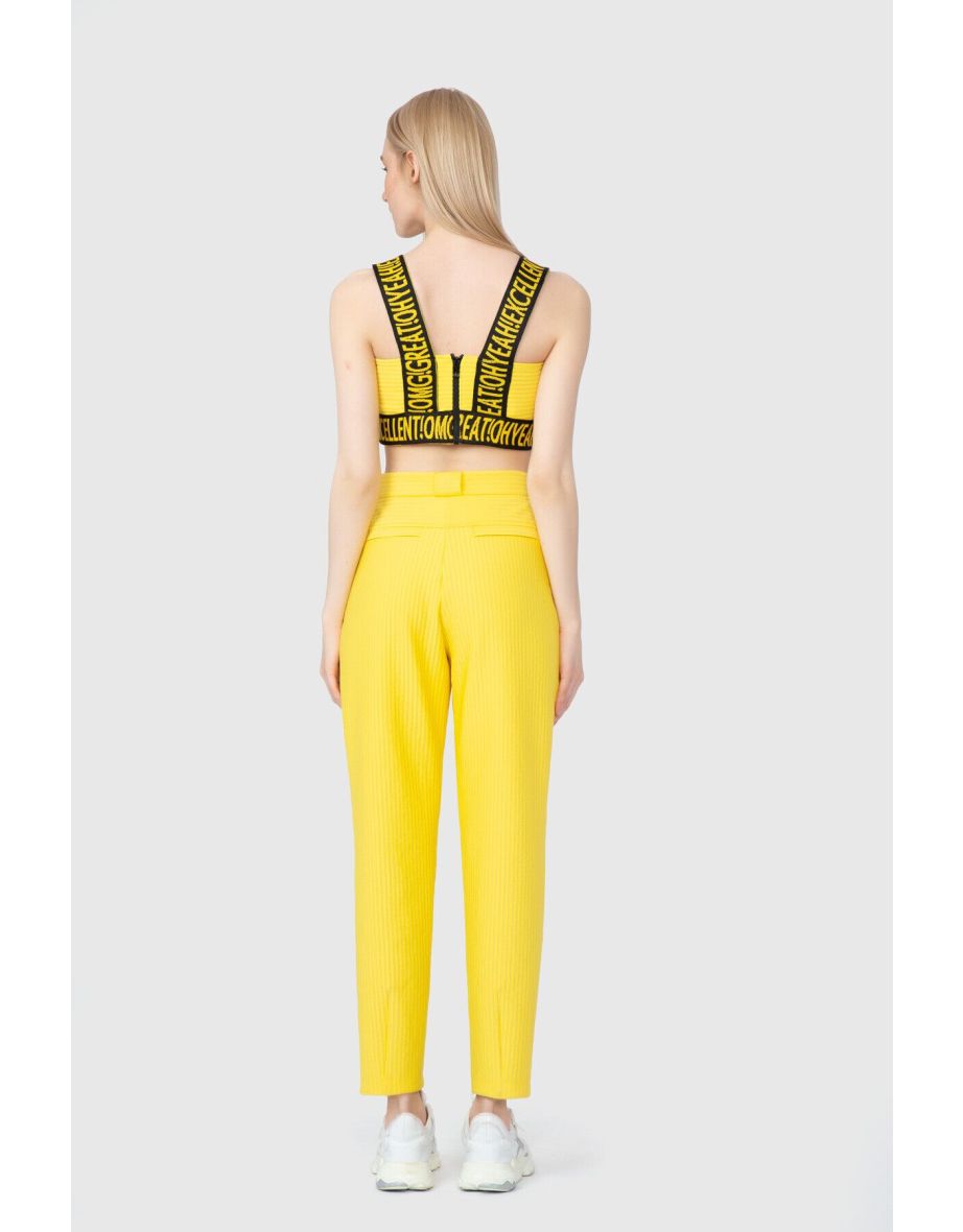 High Waist Embroidery Detail Snap Fastened Mom Yellow Trousers - 2