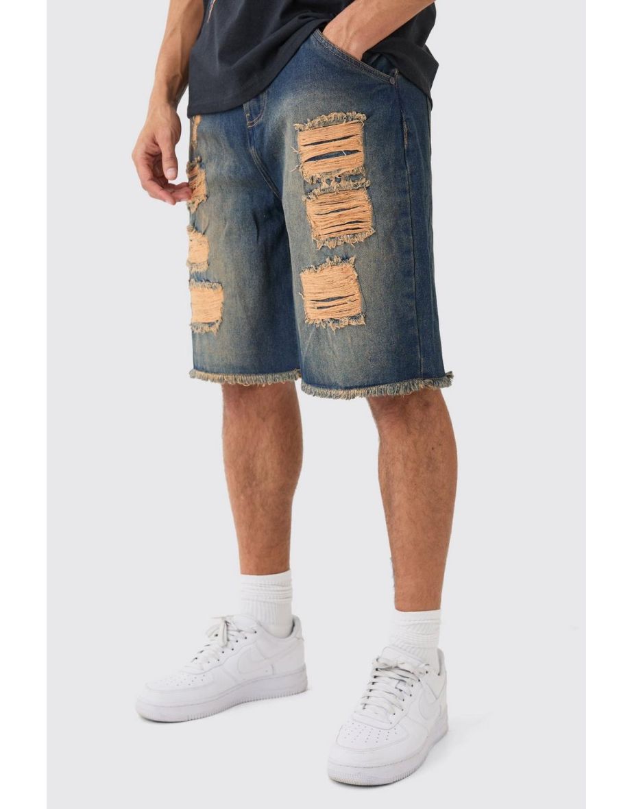 Relaxed Rigid All Over Rips Denim Jorts In Vintage Blue - vintage blue