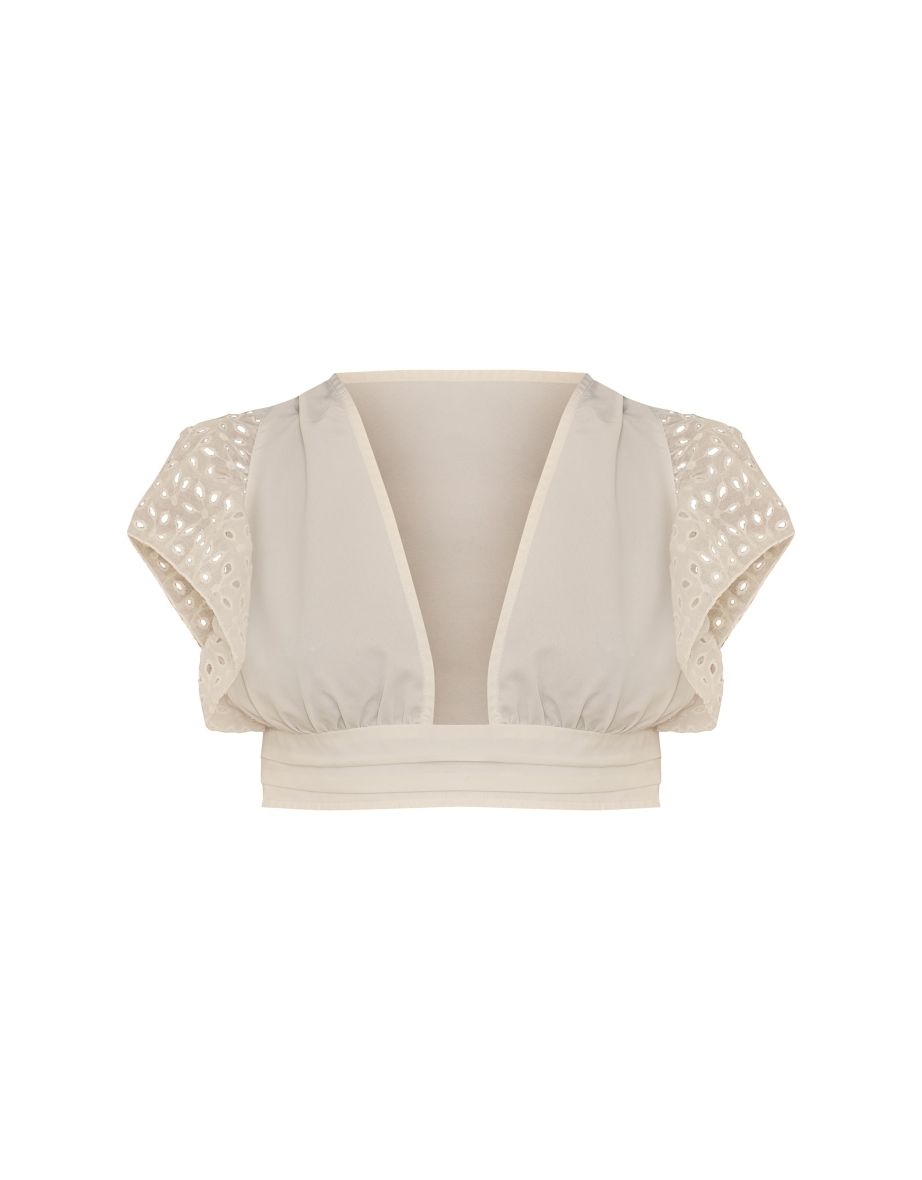 White Broderie Frill Trim Plunge Blouse - 4
