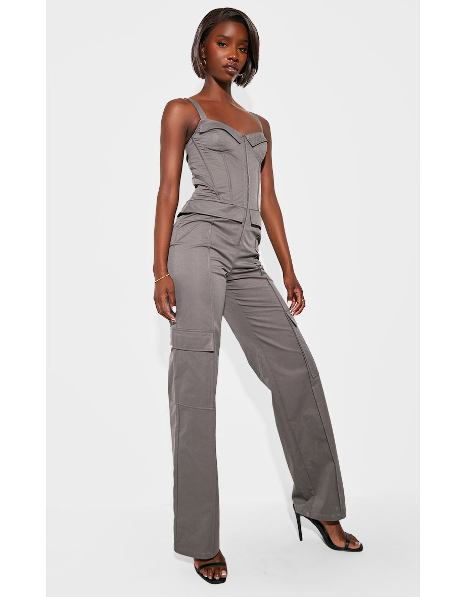 Tall Charcoal Corset Detailed Wide Leg Jumpsuit