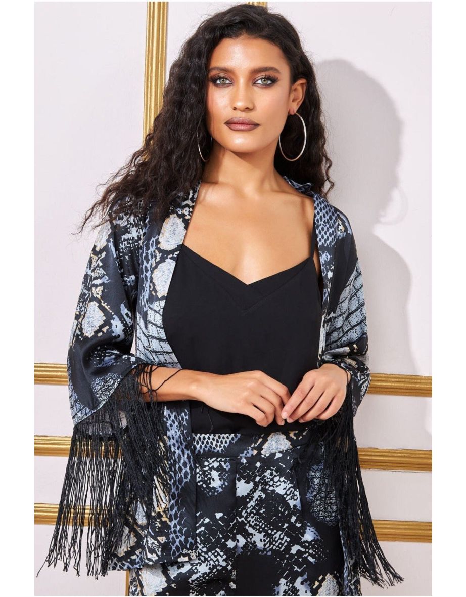 Goddiva Foil Print Kimono With Tassels