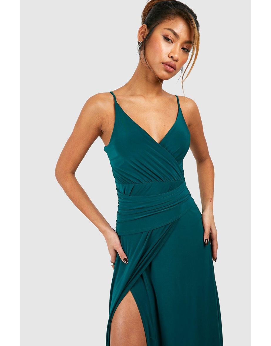 Slinky Wrap Ruched Strappy Maxi Bridesmaid Dress - emerald - 3