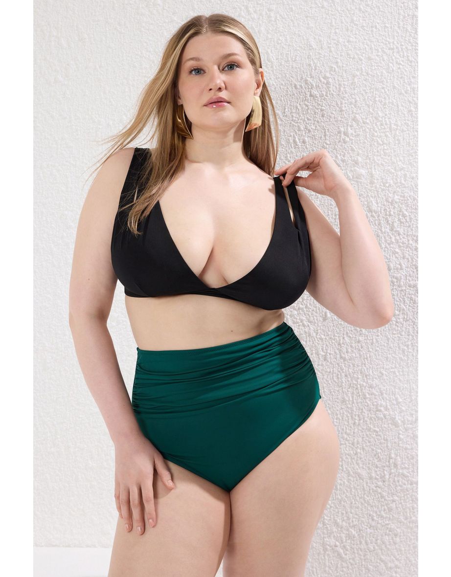 Plus Size Green Bikini Bottom with High Waist and Drawstring Detail