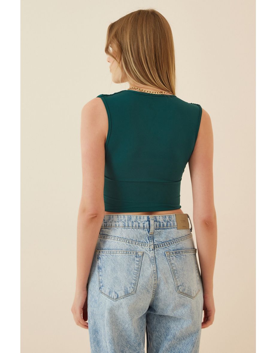 Women's Emerald Deep V-Neck Crop Sandy Knitted Blouse - 1