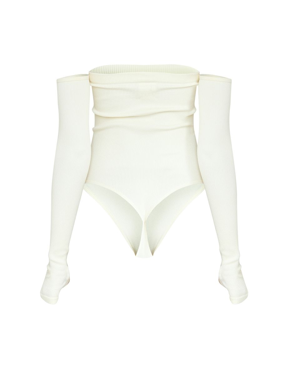 Cream Contour Rib Bardot Thumbhole Bodysuit - 4