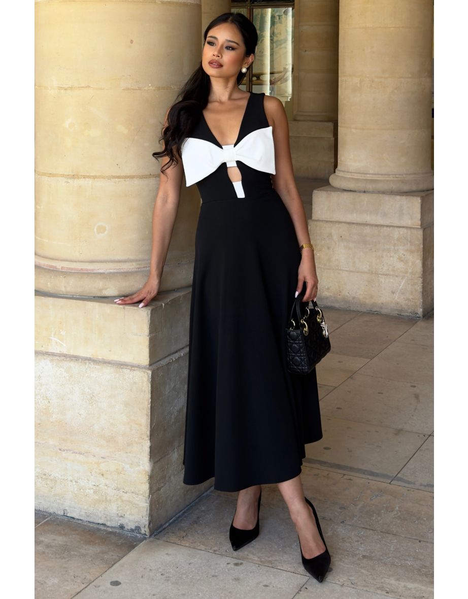 Primrose | Black Plunge-Neck Midi Dress With White Bow - 5