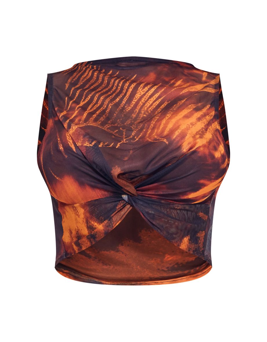 Brown Snake Print Mesh Knot Front Racer Crop Top - 4