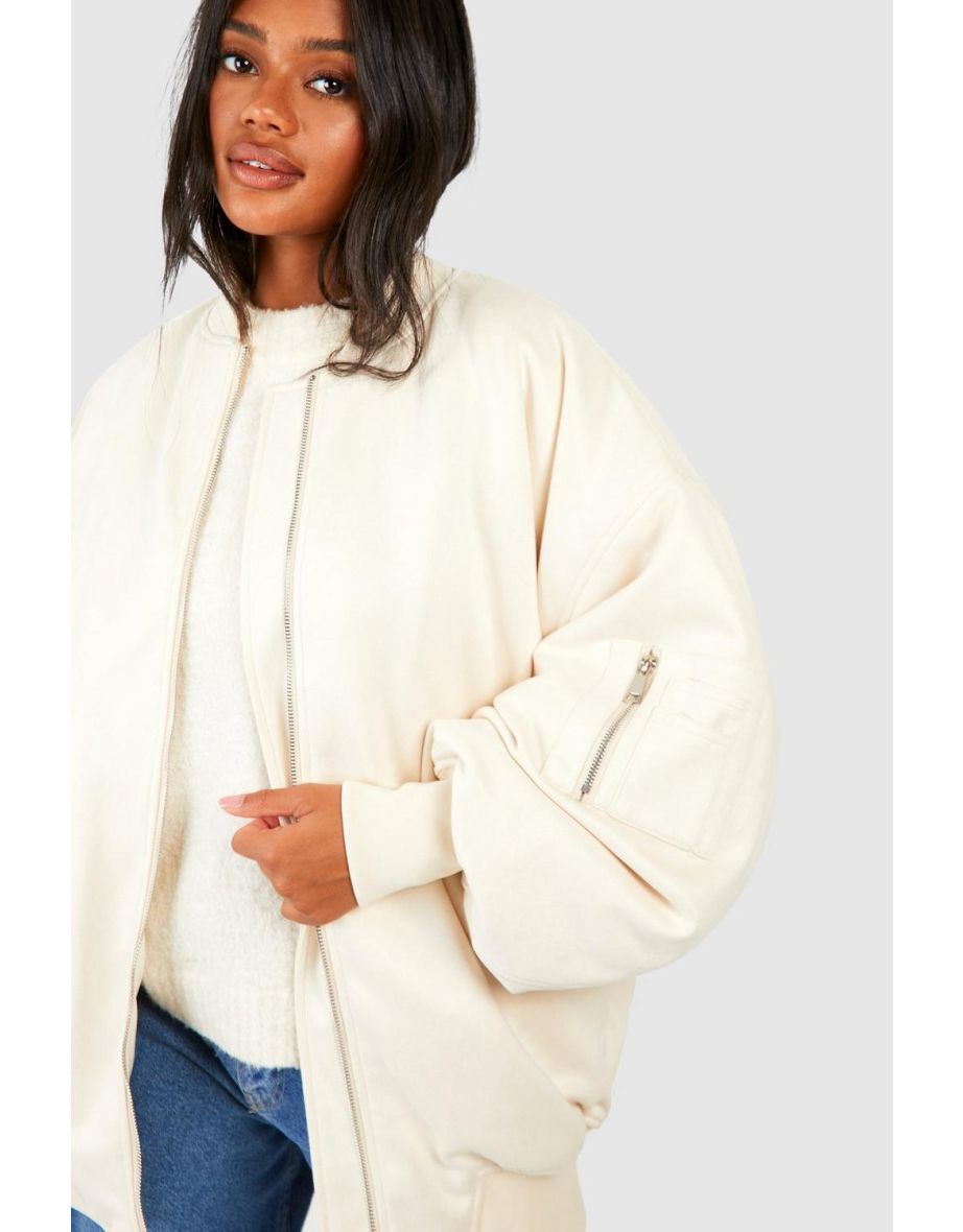 Oversized Faux Suede Bomber Jacket - cream - 3