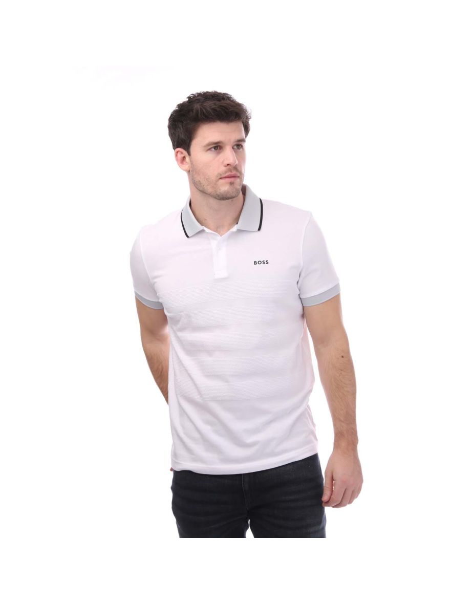 Men's Boss Popcorn-Structure Stripe Polo Shirt in White