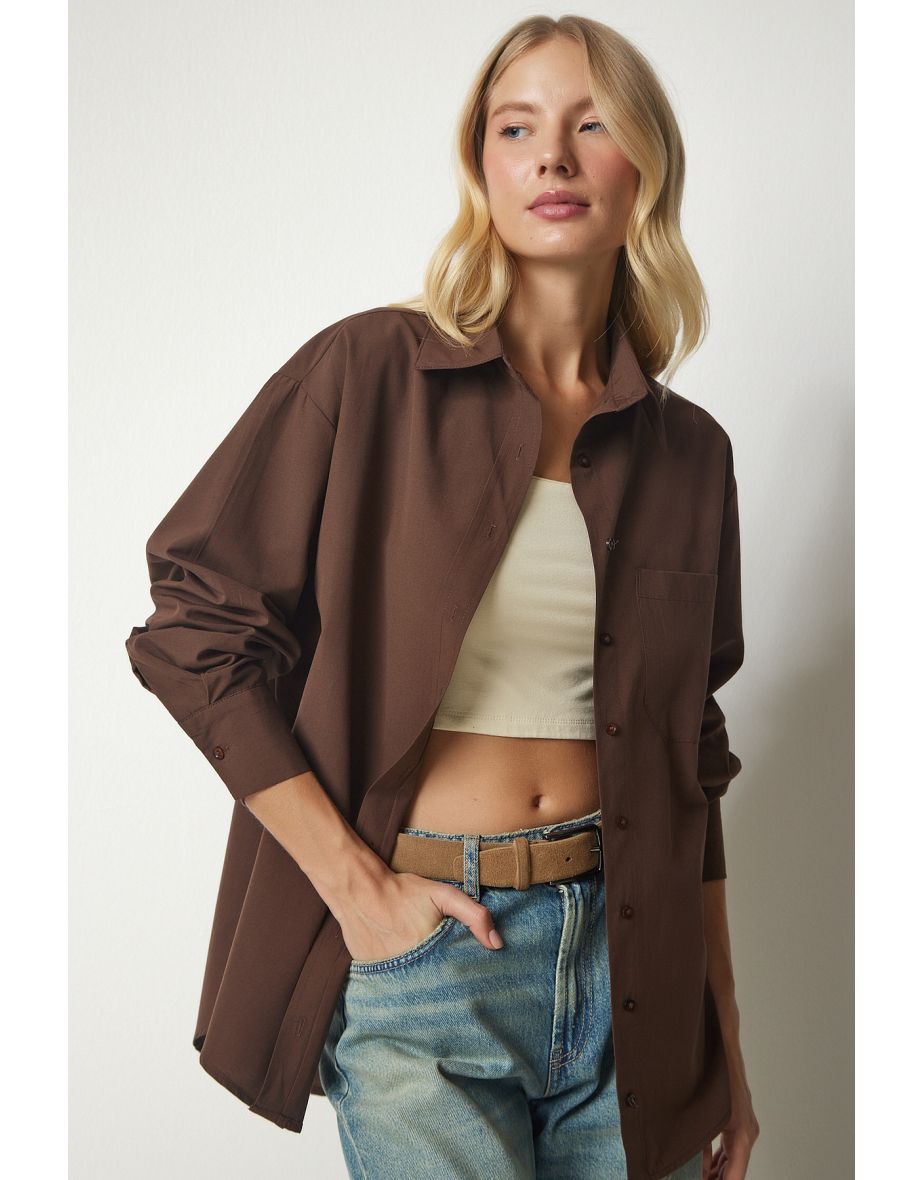 Women's Brown One Pocket Boyfriend Poplin Shirt