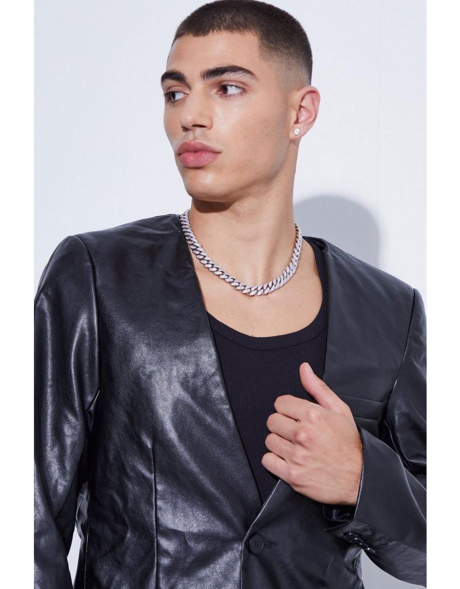 Collarless Pu Slim Fit Suit Jacket - black - 2