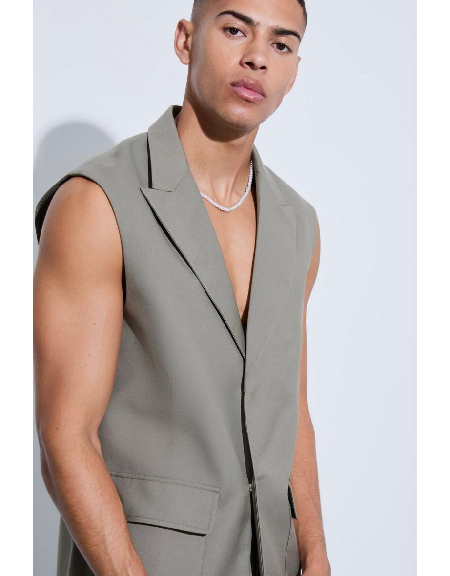 Oversized Cargo Sleeveless Blazer - khaki - 2
