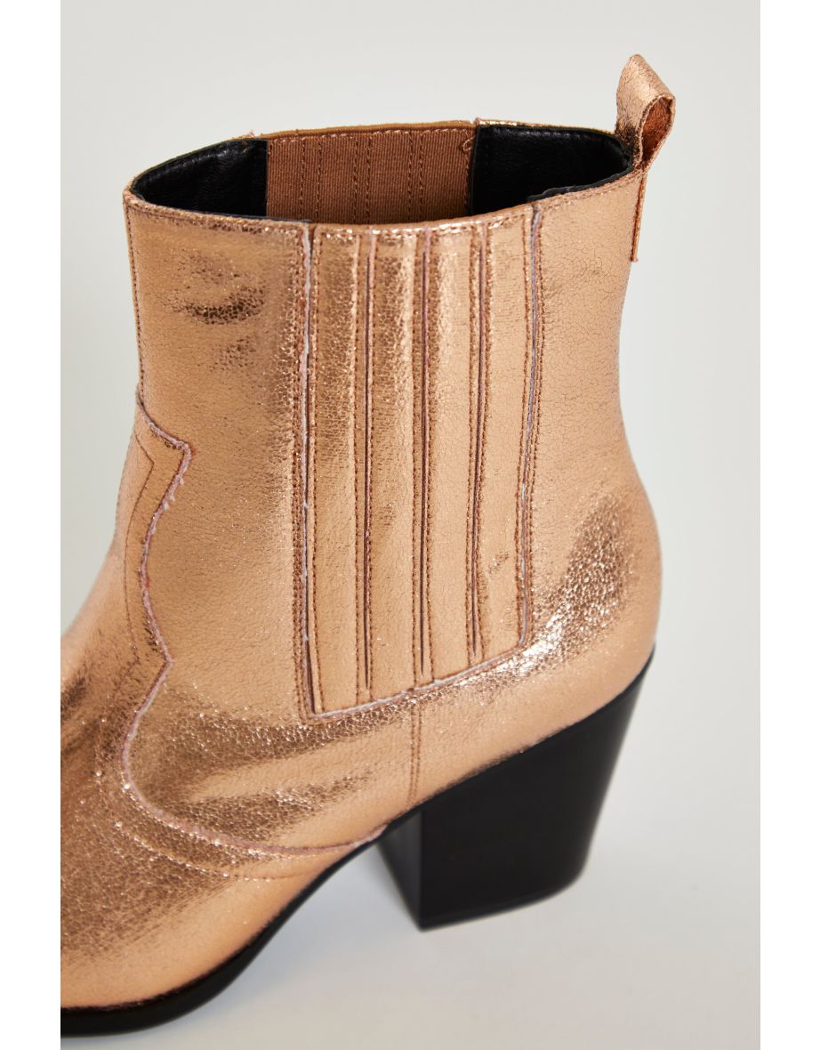 Glamorous Bronze Western Block Heel Ankle Boots - 3