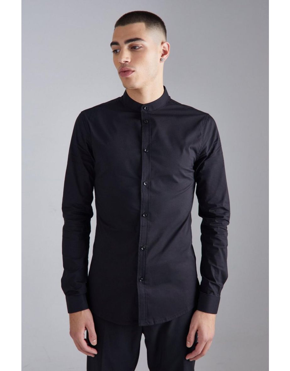 Long Sleeve Grandad Collar Muscle Shirt - black