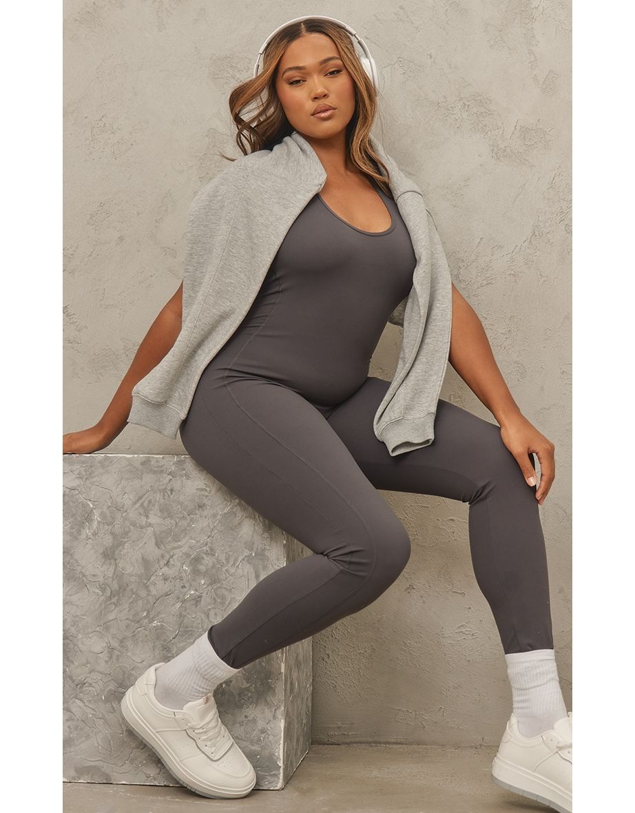 Plus Charcoal Sculpt Open Back Full Length Unitard