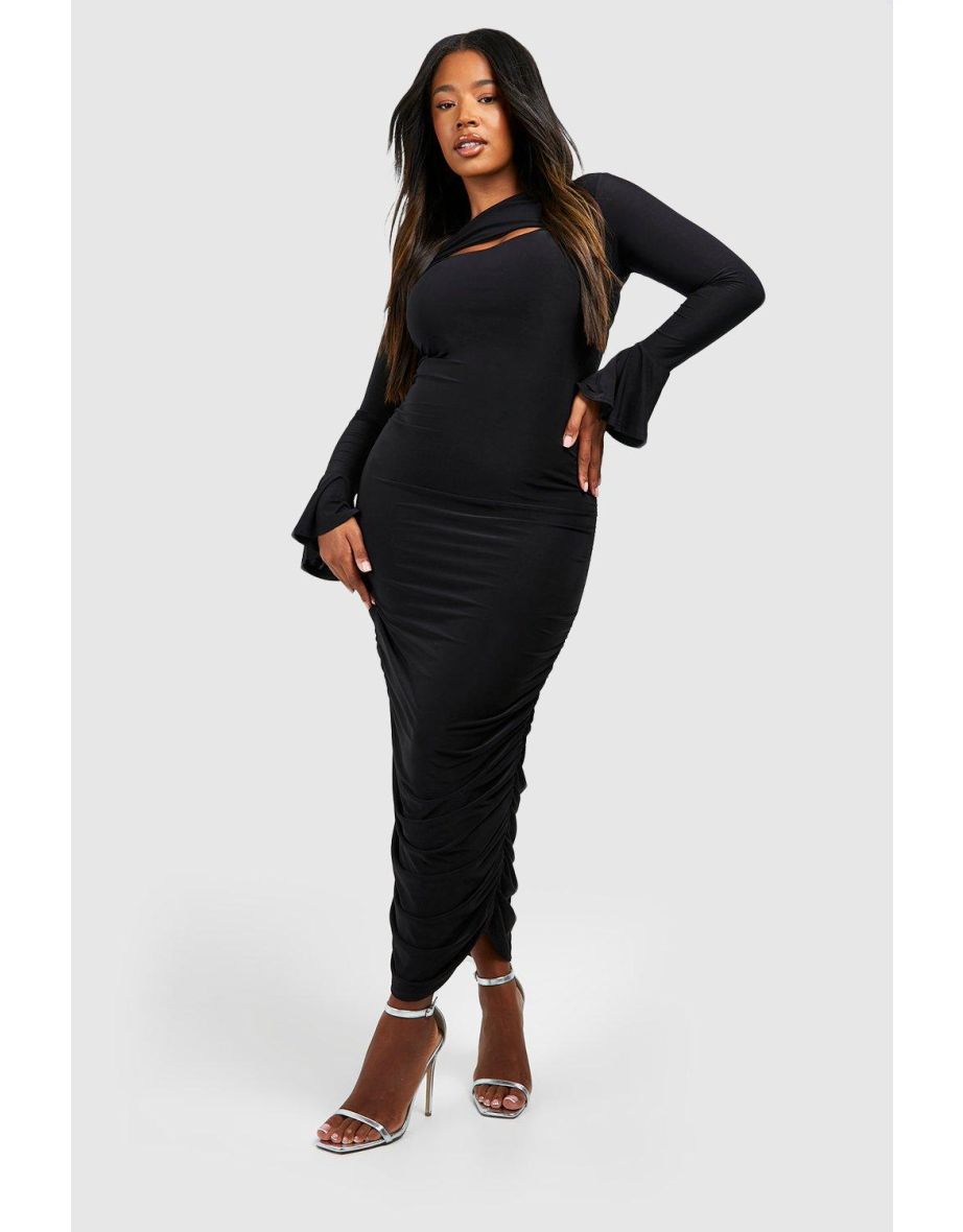 Plus Double Slinky Ruched  Fared Cuff Maxi Dress - black