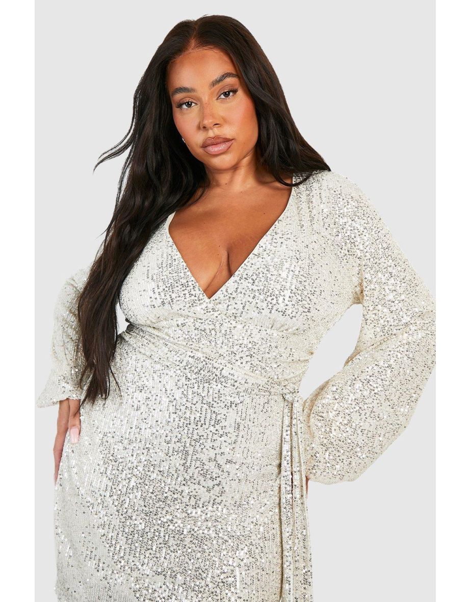 Plus Sequin Tie Belt Wrap Dress - 3