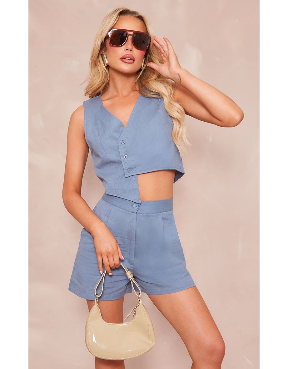 Blue Linen Look Asymmetric Waistcoat
