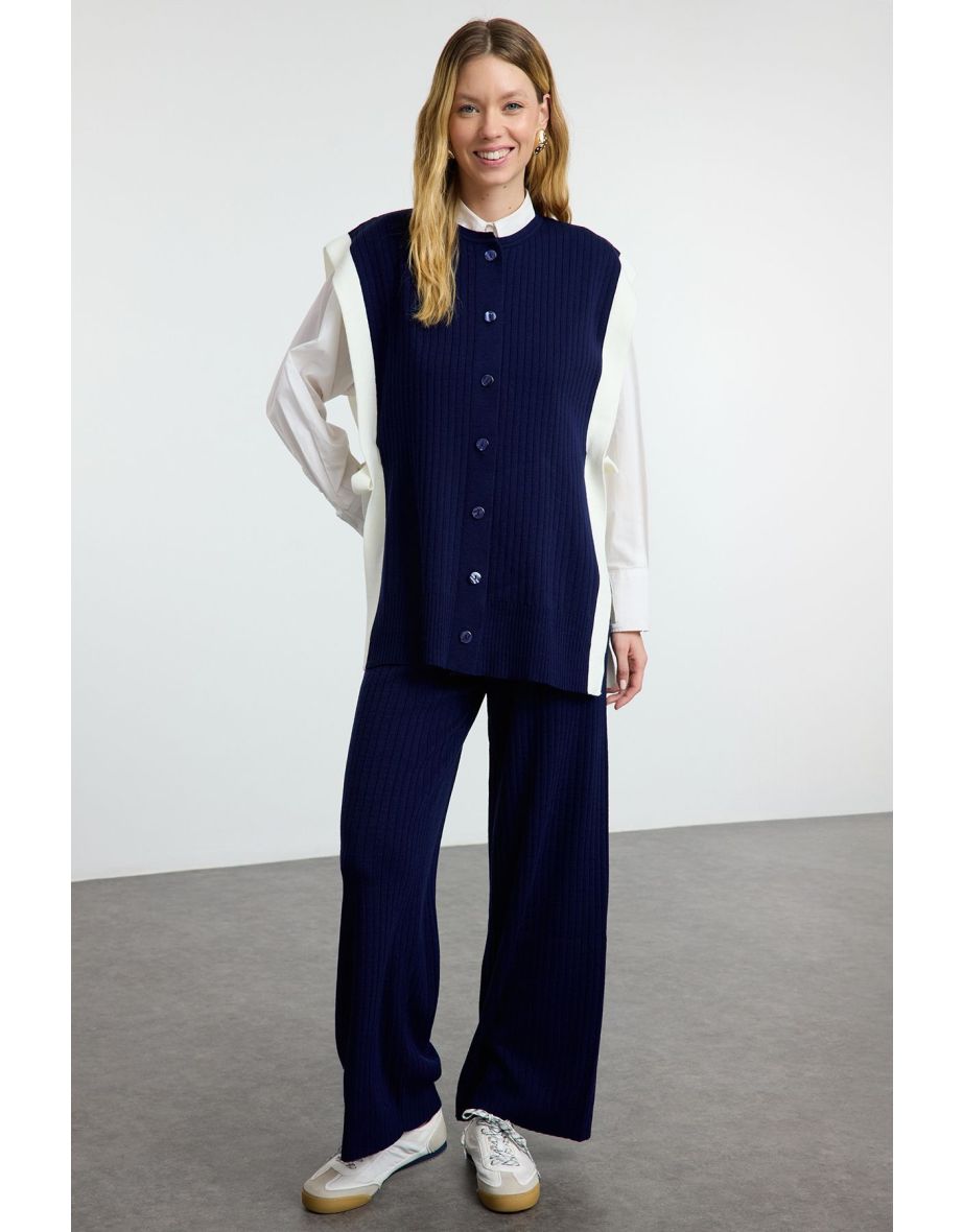 Navy Blue Color Block Slit Detail Vest-Pants Knitwear Bottom-Top Set