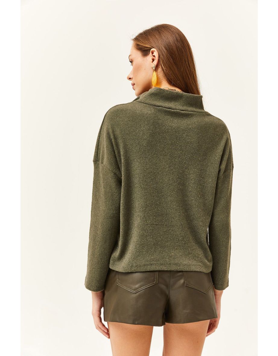 Women's Khaki Zipper High Neck Raised Sweater - 3