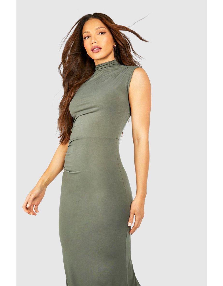 Tall Slinky High Neck Ruched Maxi Dress - khaki - 3