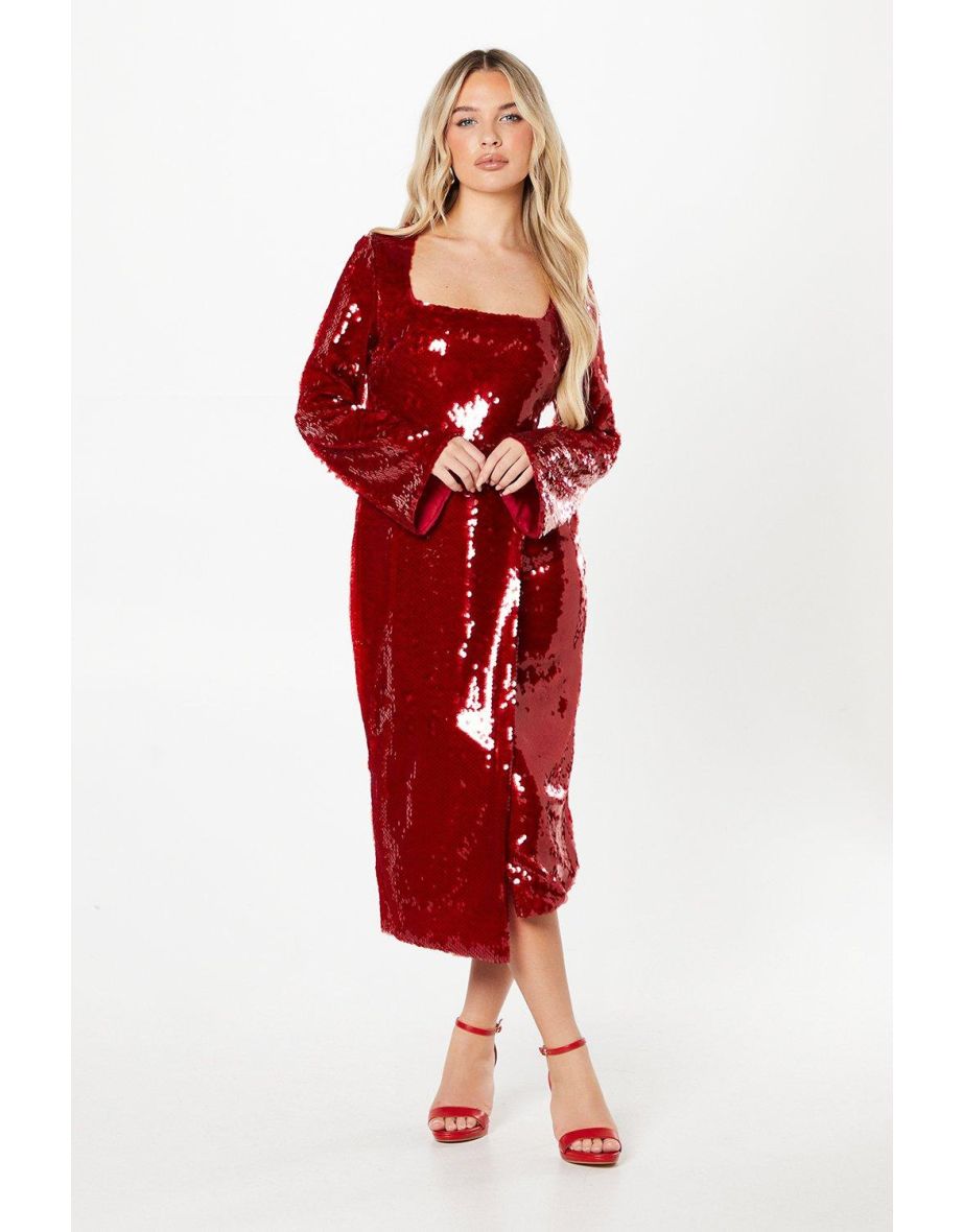 Petite Sequin Square Neck Long Sleeve Pencil Dress