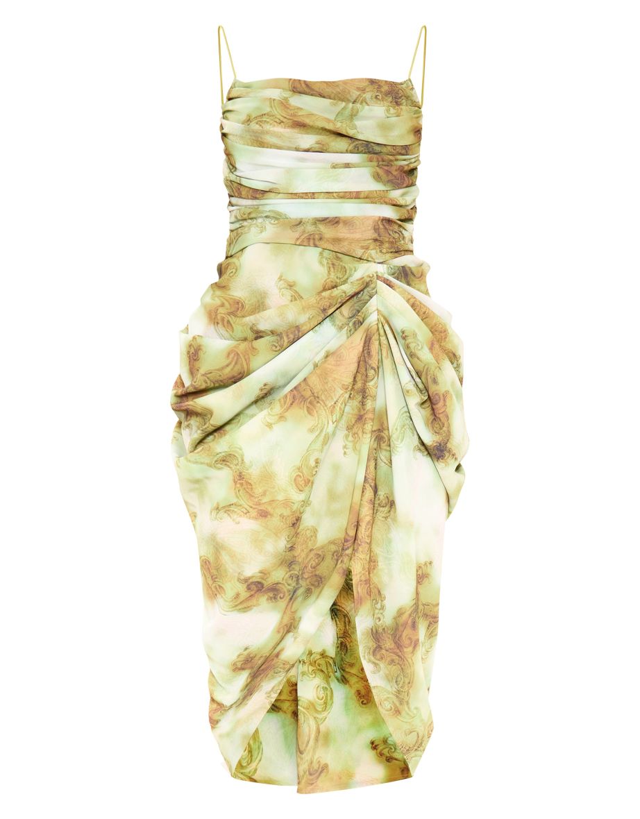 Green Print Chiffon Ruched Drape Midi Dress - 4