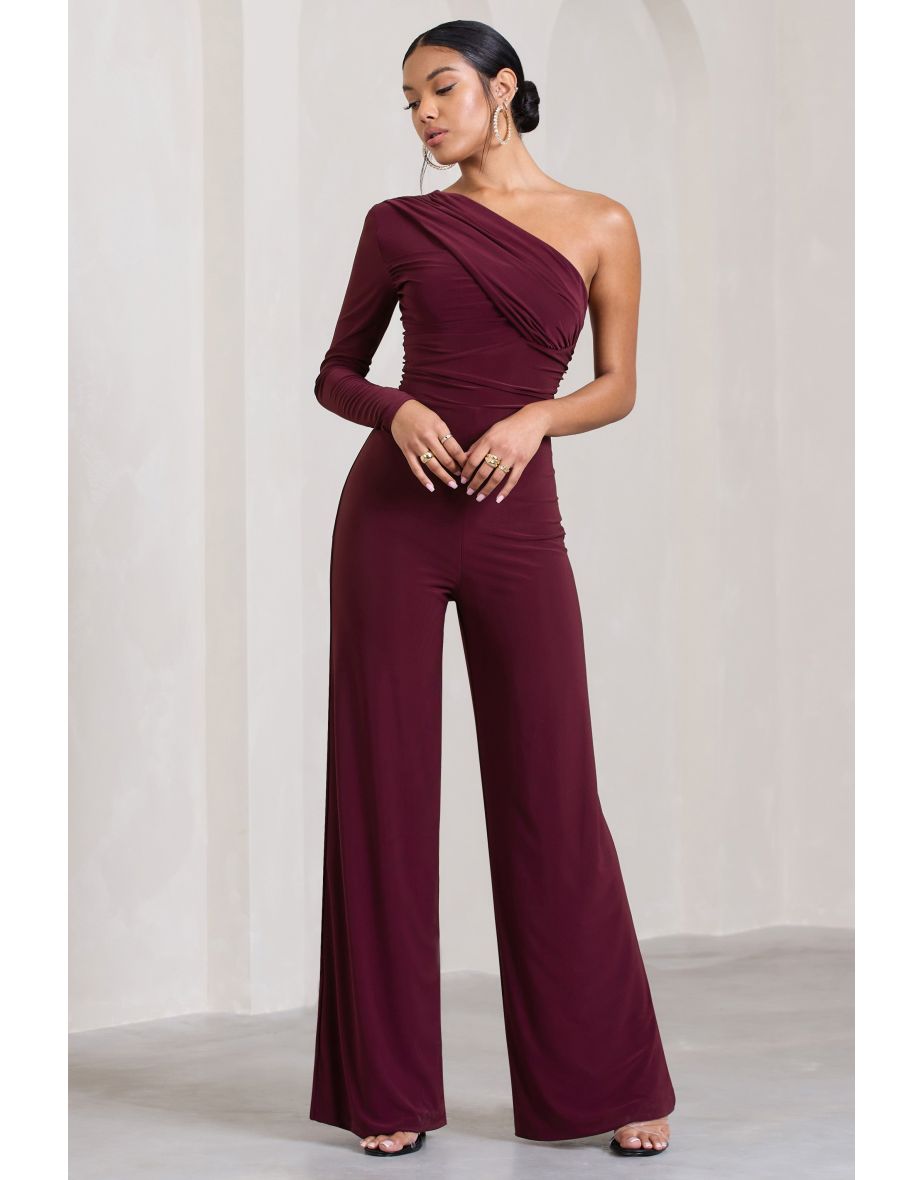 Mila | Burgundy One Shoulder Ruched Wide Leg Jumpsuit - 5