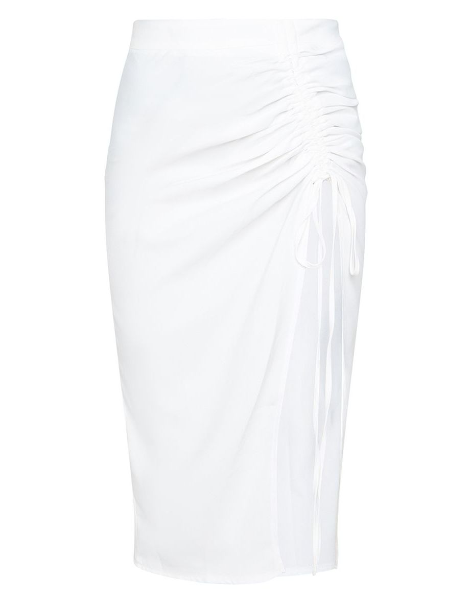 White Woven Ruched Detail Midi Skirt - 4