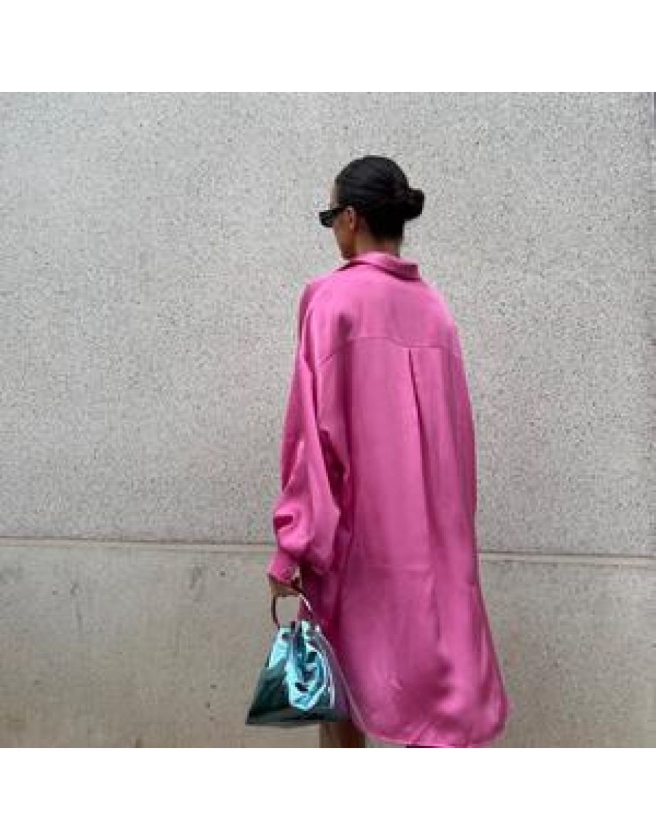Pink Satin Oversized Mini Shirt-Dress - 4