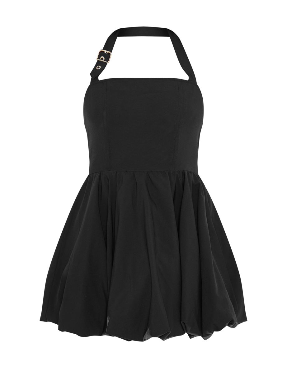 Black Buckle Detail Halterneck Puffball Mini Dress - 4