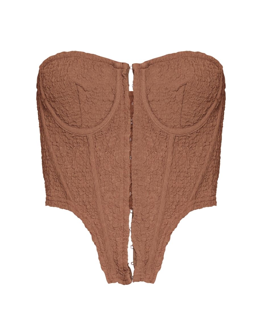 Chocolate Crinkle Textured Hook And Eye Boned Strapless Corset - 4