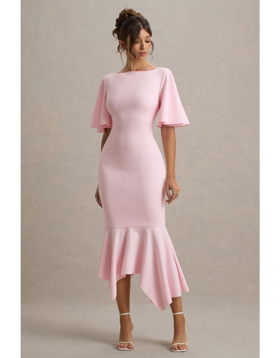 Ashling | Pink Flutter-Sleeve Hanky-Hem Midi Dress