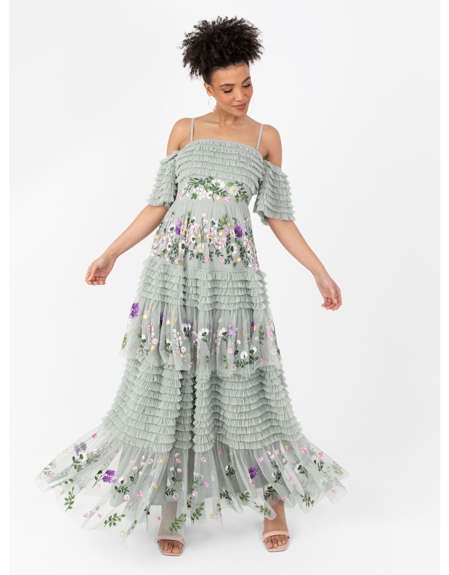 Shop Maya Sage Green Floral Embroidered Ruffle Maxi Dress Online in Bahrain VogaCloset