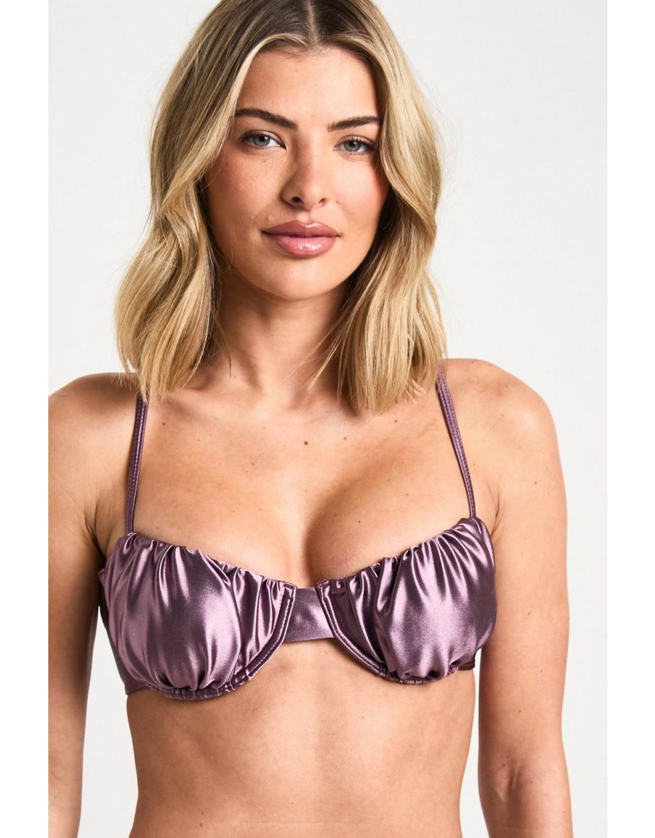 Satin Ruched Underwired Bikini Top & Tanga Bikini Bottoms Set - mauve - 2