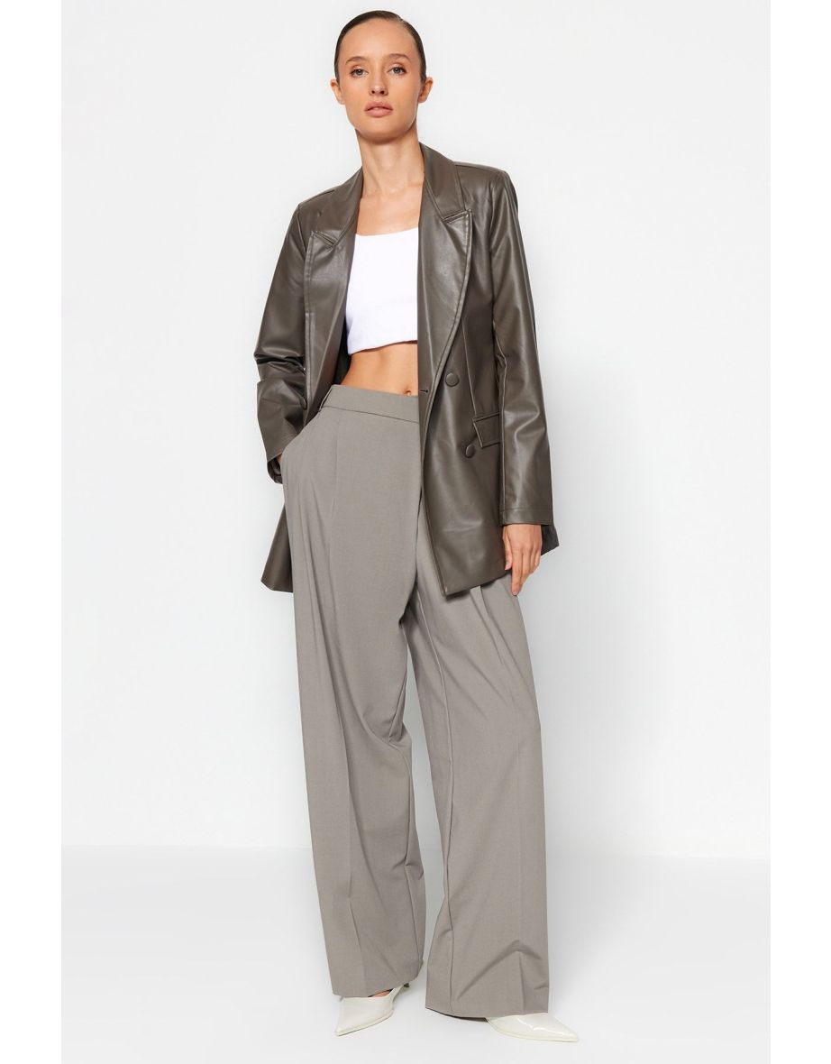 Anthracite Faux Leather Regular Lined Double Breasted Closure Woven Blazer Jacket